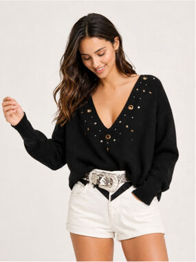 Wildfox oversized sweater studded stars v neck Cline sweater celestial sz xs